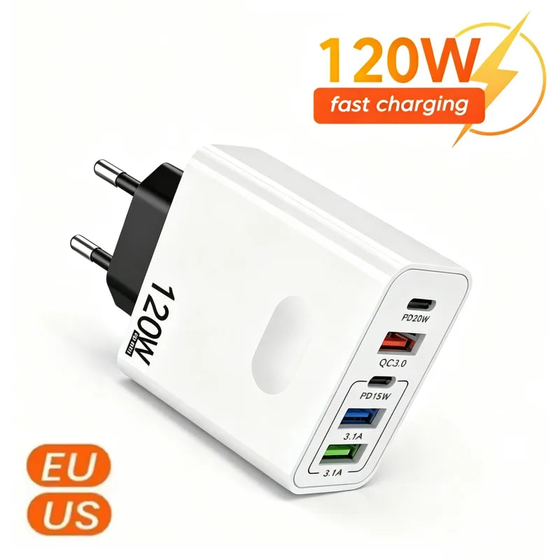 120W 5 Port USB Type C Charger Fast Charging Data Cable USB Phone Charger Adapter for Samsung iPhone Xiaomi Huawei Wall Charger Zpaxo