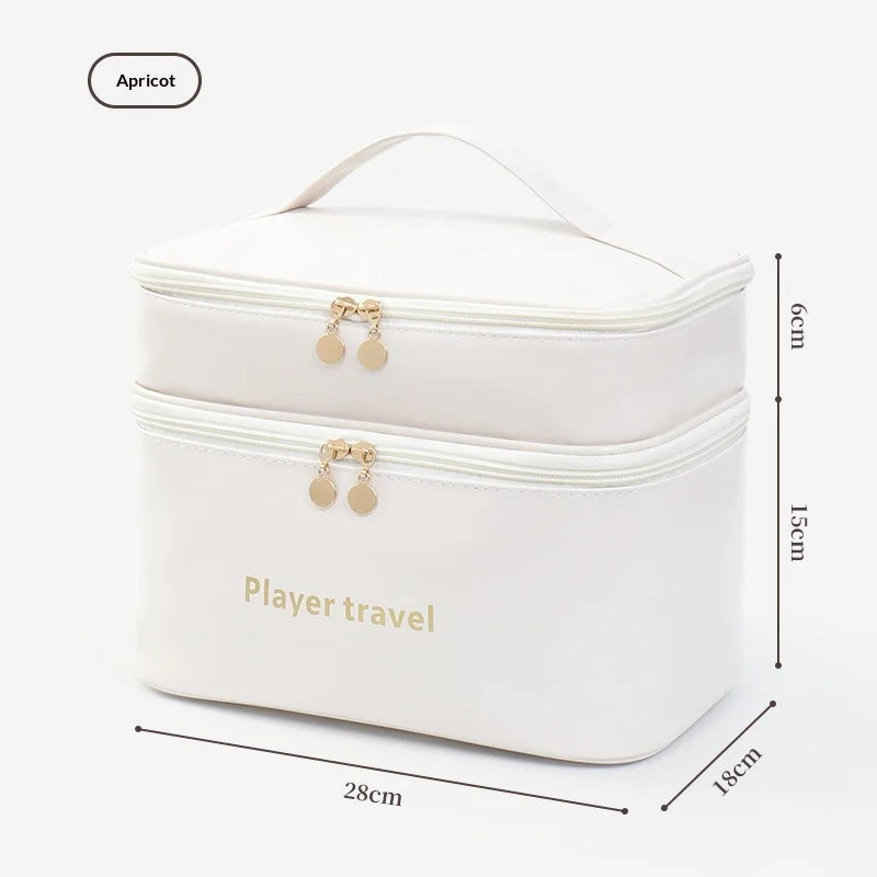 New Double Layered Portable Large Capacity Toiletry Bag Pu Waterproof Makeup Bag Travel Portable Toiletries Cosmetic Storage Bag Zpaxo White