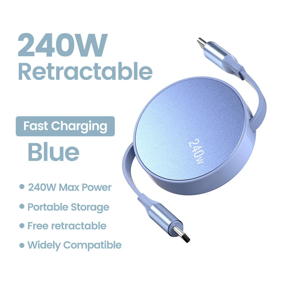 240W PD USB Type C To Type C Cable Retractable Fast Charging USB C Cable For iPhone 15 Huawei Xiaomi Samsung MacBook Data Wire Zpaxo Blue