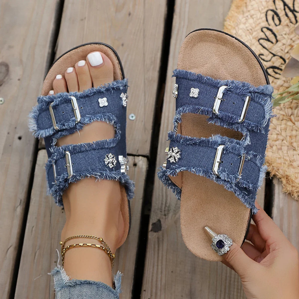 Women Slippers 2025 New Soft Sole Sandals Fashion Designer Female Shoes Purple Canvas Metal Buckle Flat Slippers Slides Women Zpaxo