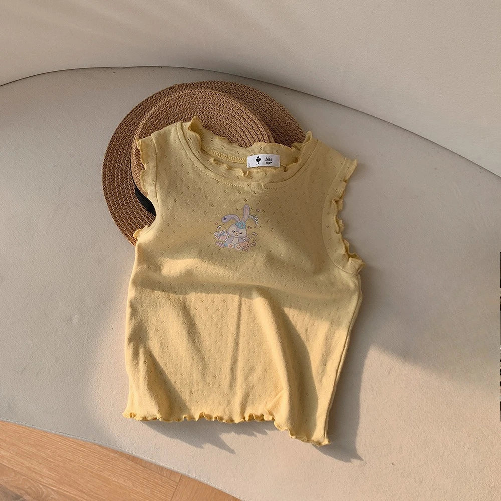 Children's vest summer new product girls cartoon hollow T-shirt baby wide printed sleeveless lace top Zpaxo Yellow vest 90cm