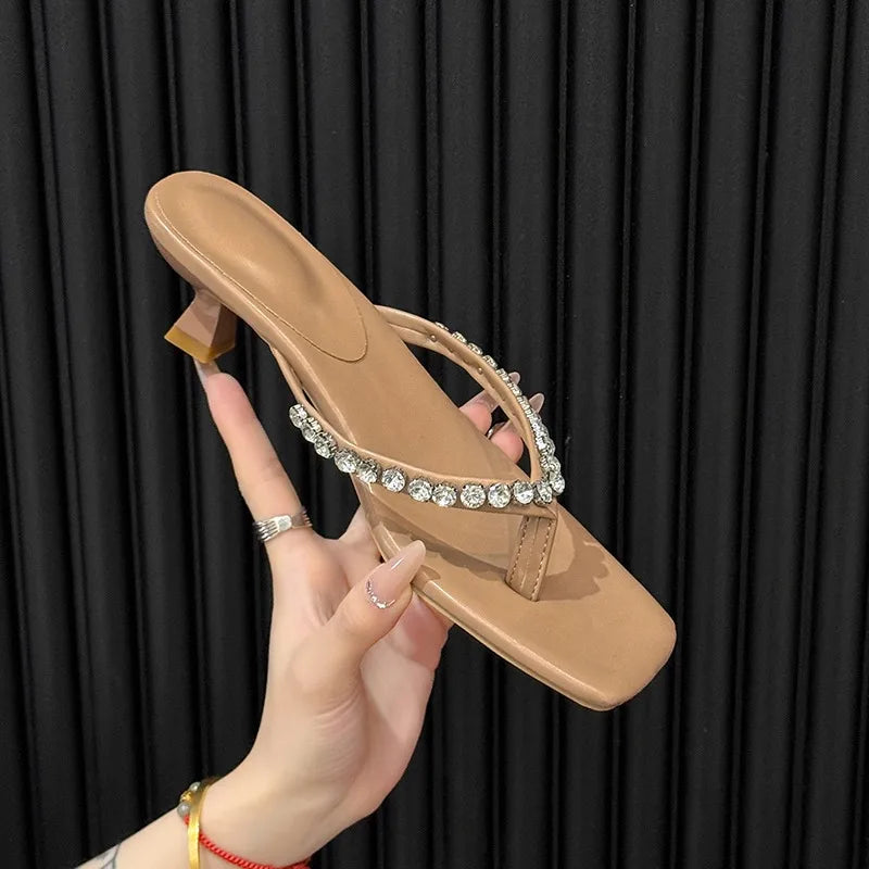 2026 Sexy Mid Heels Slippers Women's Luxury Rhinestone Square Toe Zpaxo