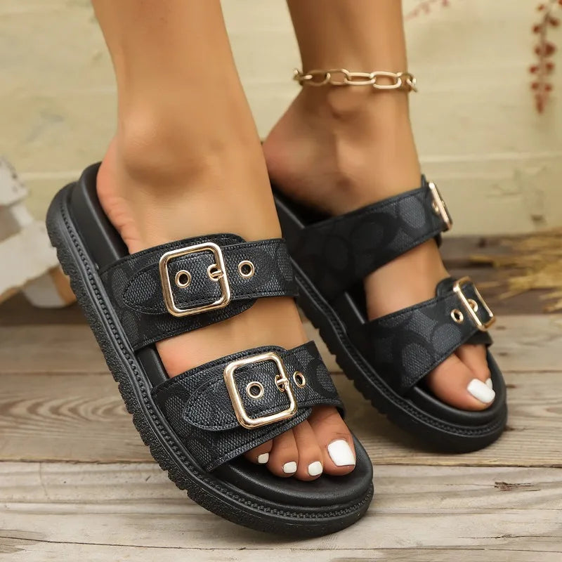 Women's Comfortable Vintage Double Buckle Strap Thick Sole Slippers Zpaxo