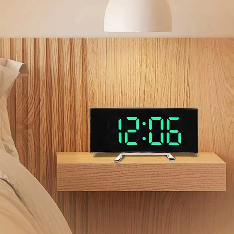 Creative Curved Electronic Clock LED Large Mirror Alarm Silent Smart