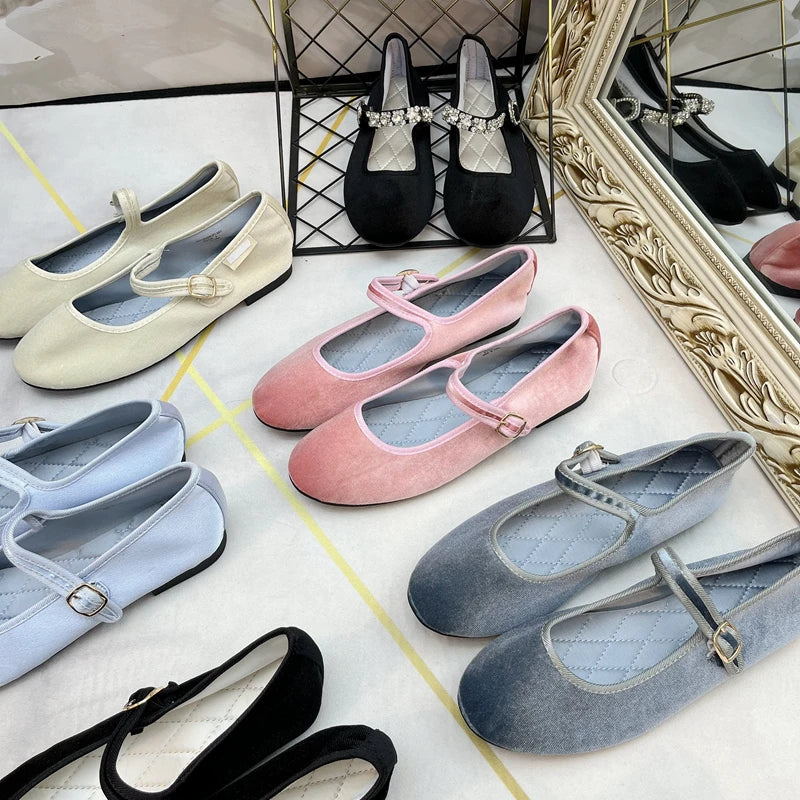 Flats Shoes for Women 2023 New Autumn Summer Korea Fashion Mary Jane Shoes Round Toe Women's Shoes Velvet Silk Flats Women Shoes Zpaxo