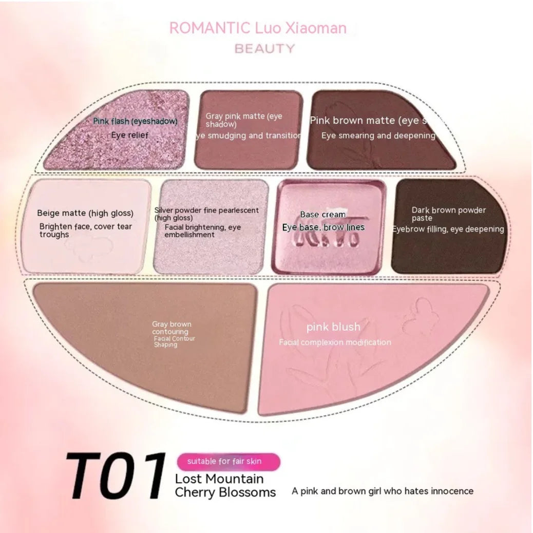 RMT ROMANTIC BEAUTY #Facial Comprehensive Dish Nine Color Eyeshadow Highlight Contour All-Round Blush Makeup Cosmetics Zpaxo T01