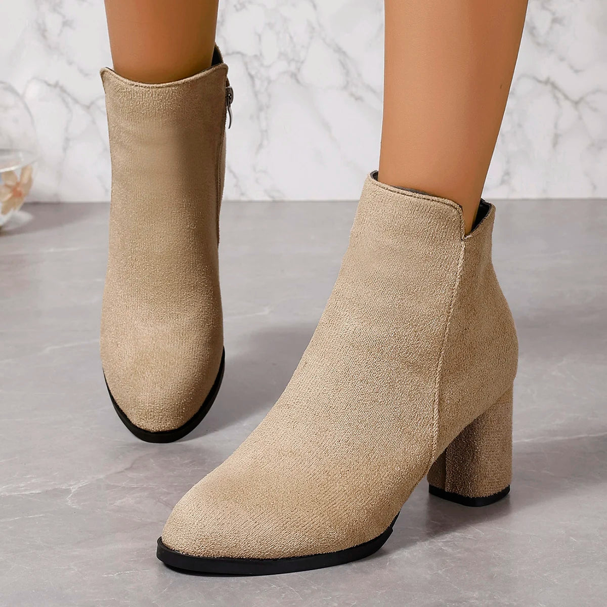 Women Ankle Boots Large Size Fashion Pointed Shoes for Women Side Zipper Stretch Middle Heel Short Boots Women Botas De Mujer Zpaxo