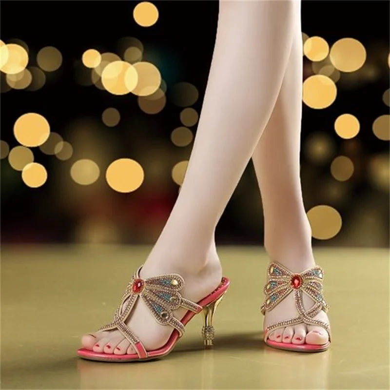 Summer Rhinestone Sandals Leather Glitter Women Open Toe Heels Party Zpaxo