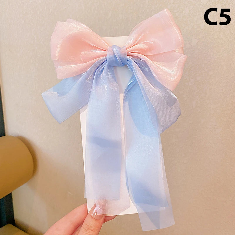 Girls Cute Elegant Mesh Bow Ribbon Hair Clip Faux Pearl Tassel Zpaxo C5