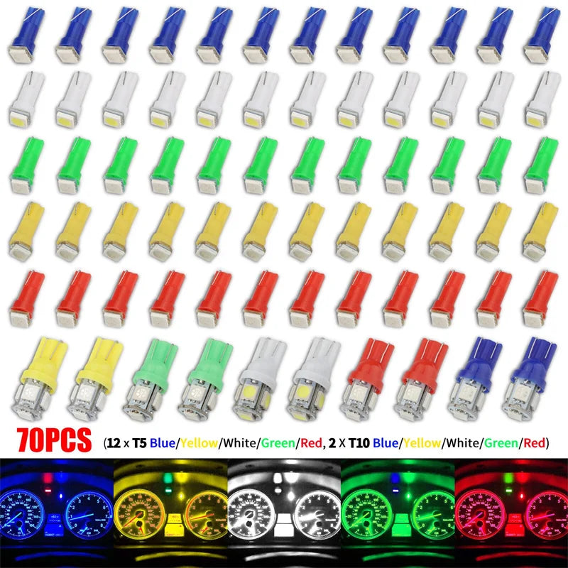70PCS T5 T10 5050 SMD LED Dash Instrument Gauge Cluster Bulbs