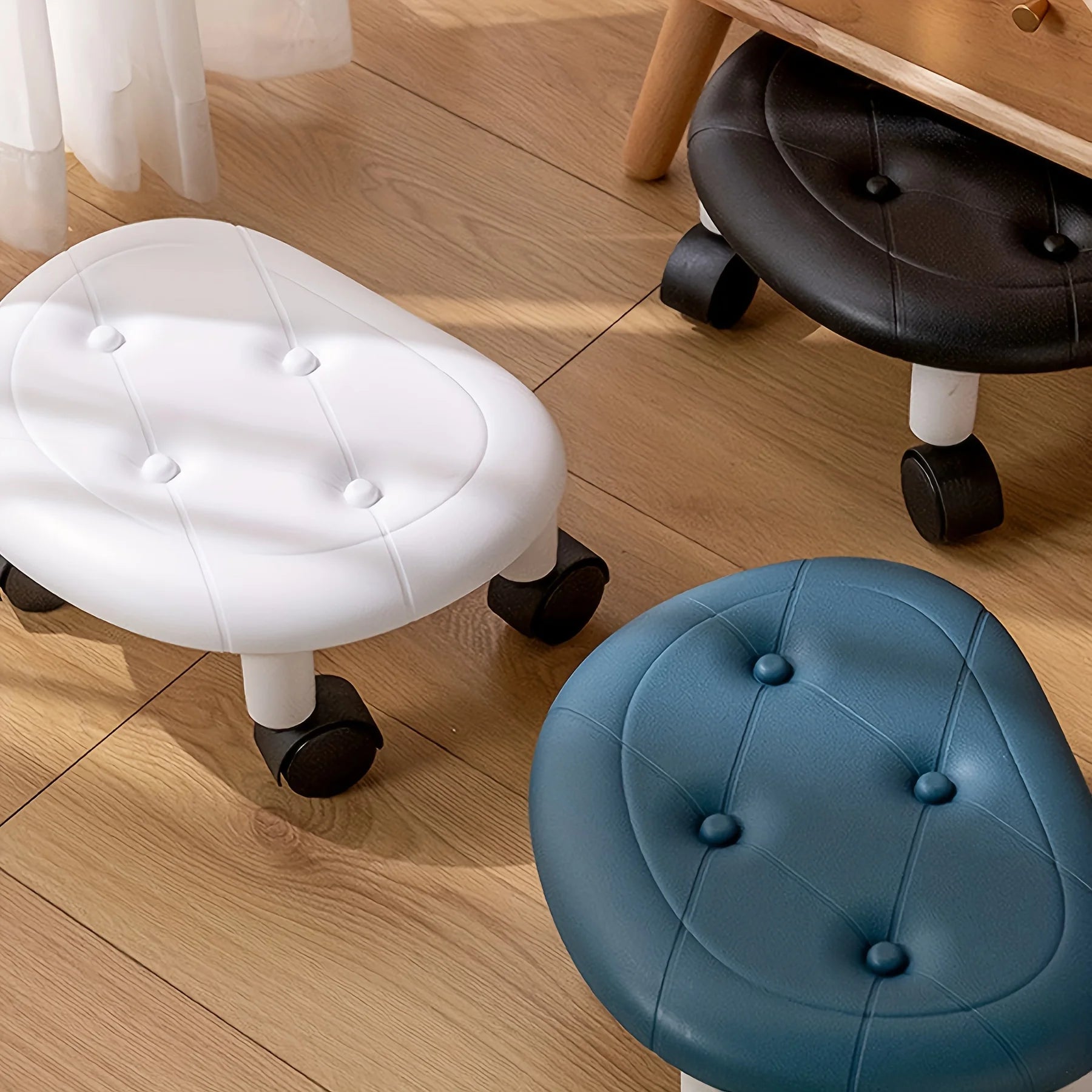 1pc COFIT Rolling Low Stool with Wheels - Stylish&Durable Plastic Footstool in White,Deep Blue,or Black-Ideal for Entryway, Bath Zpaxo