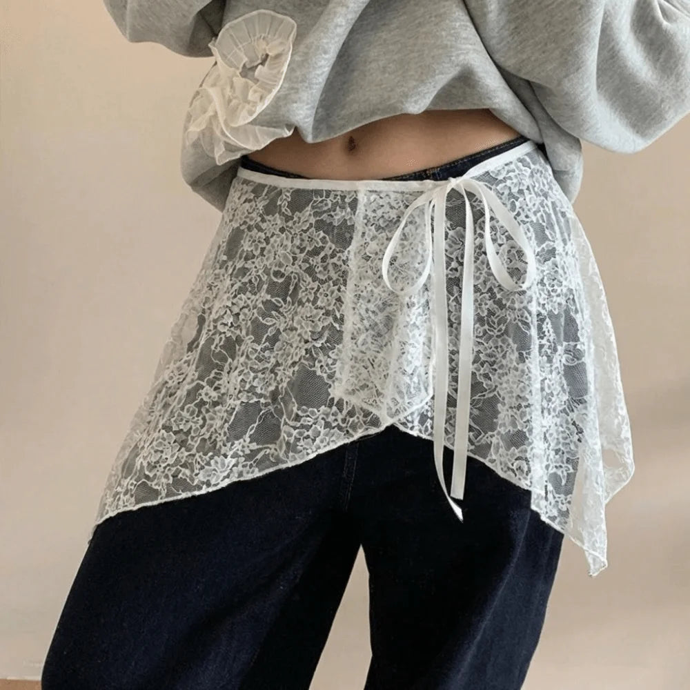 French Lacing Lace Mini Skirt Embroidery Irregular Hemline Ruched Skirts Y2K Streetwear Harajuku Lace Up Ruffles Skirt Zpaxo