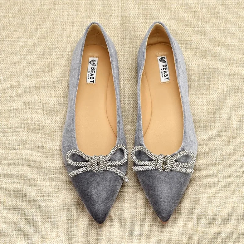 Flat Shoes for Women Spring Autumn New 2025 Butterfly Bow Diamond Velvet Pointed Toe Shallow Mouth Flat Plus Size Women's Shoe Zpaxo