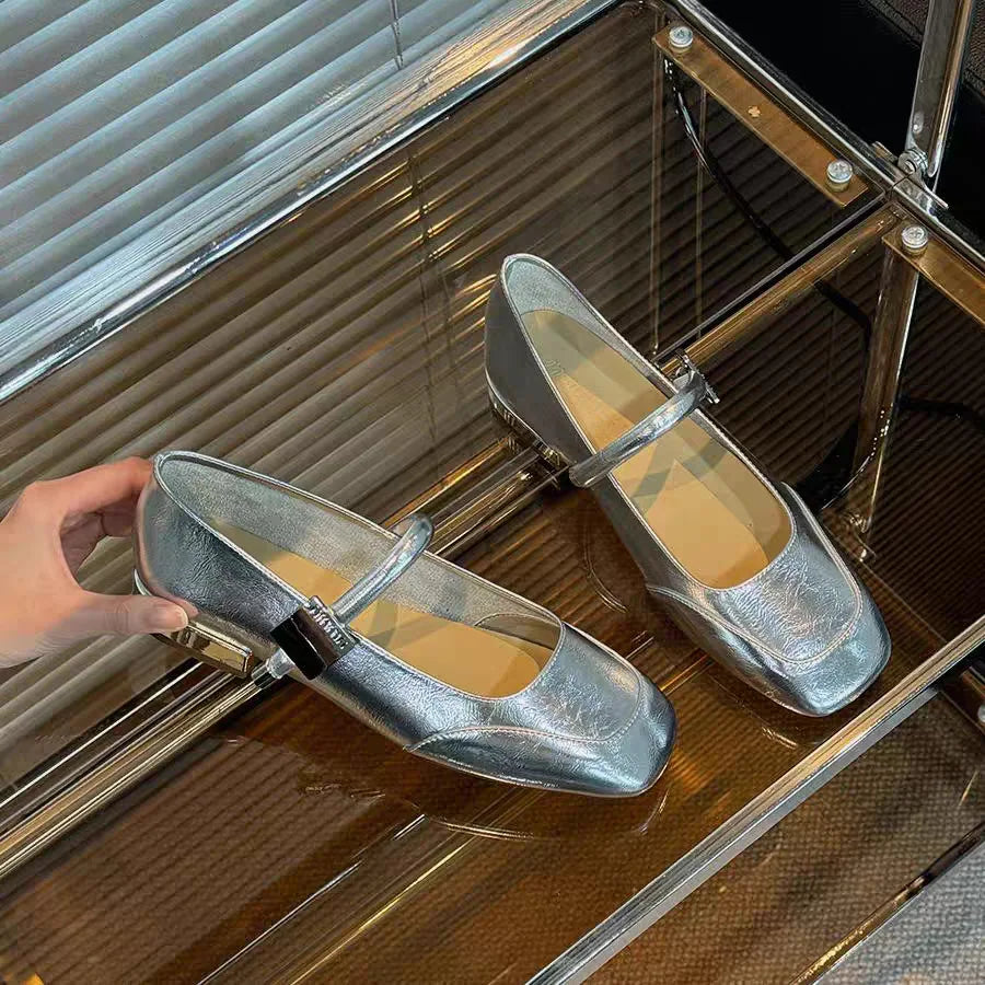 Flat Shoes for Women Spring and Autumn New Silver Mary Jane Shoes Square Toe Loafers Women Ladies Shoes plus size 40 Zpaxo