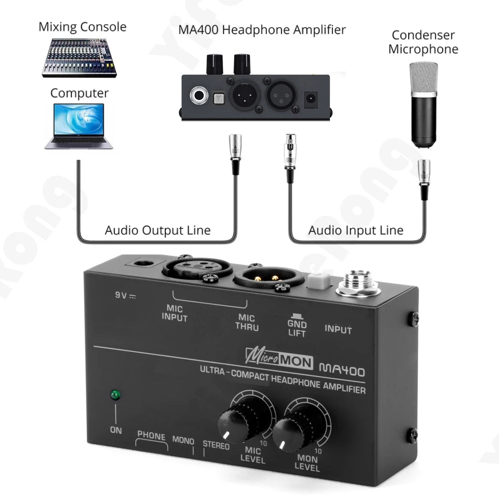 MA400 Headphone Amplifier Microphone Enlarge Mixer Suitable for Speech / Live Streaming Headphone Preamplifier 6.35mm & 3.5mm Zpaxo