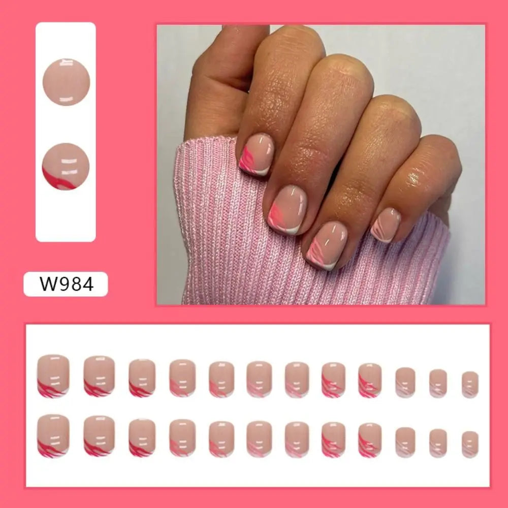 24pcs Short Round False Nails Summer Sweet Grapefruit Aurora Borealis French Zebra Full Cover Detachable Nail Tips Zpaxo