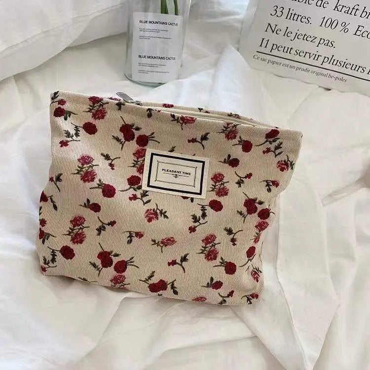 Korean Embroidery Floral Cosmetic Bag – Corduroy Makeup Pouch Travel Cosmetic Bag Zpaxo Mi Rose