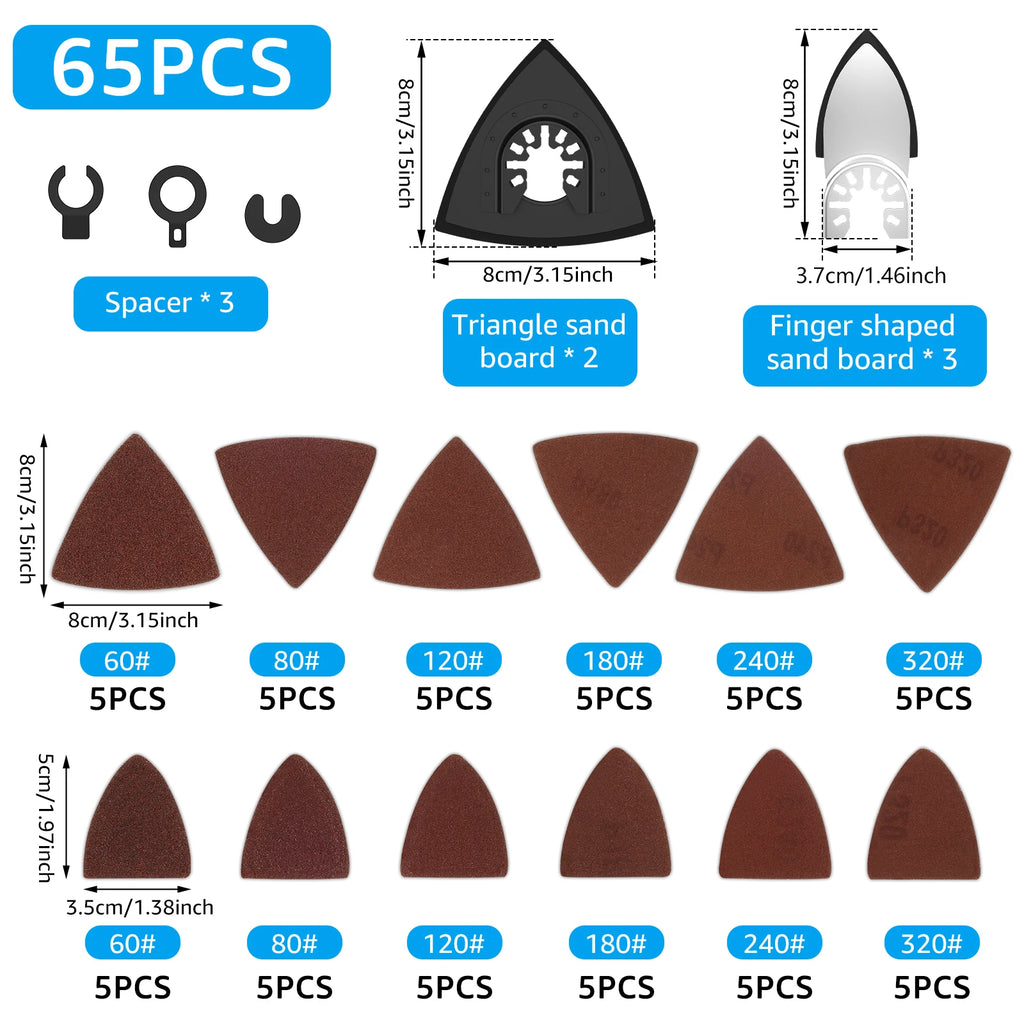 148/65pcs Oscillating Tool Sanding Pad Kit with 2 Finger & 2 Triangle Pads Wet Dry Multi Tool Sandpaper 60-400 Grit for Wood Zpaxo setB 65pcs P60-320