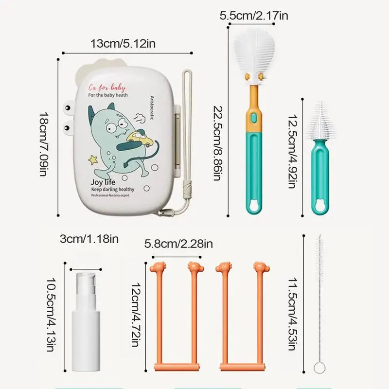 Travel Baby Bottle Cleaning Kit 5-in-1 Silicone Bottle Brush Set Portable Space Saving Drying Rack With Soap Dispenser Storage Zpaxo