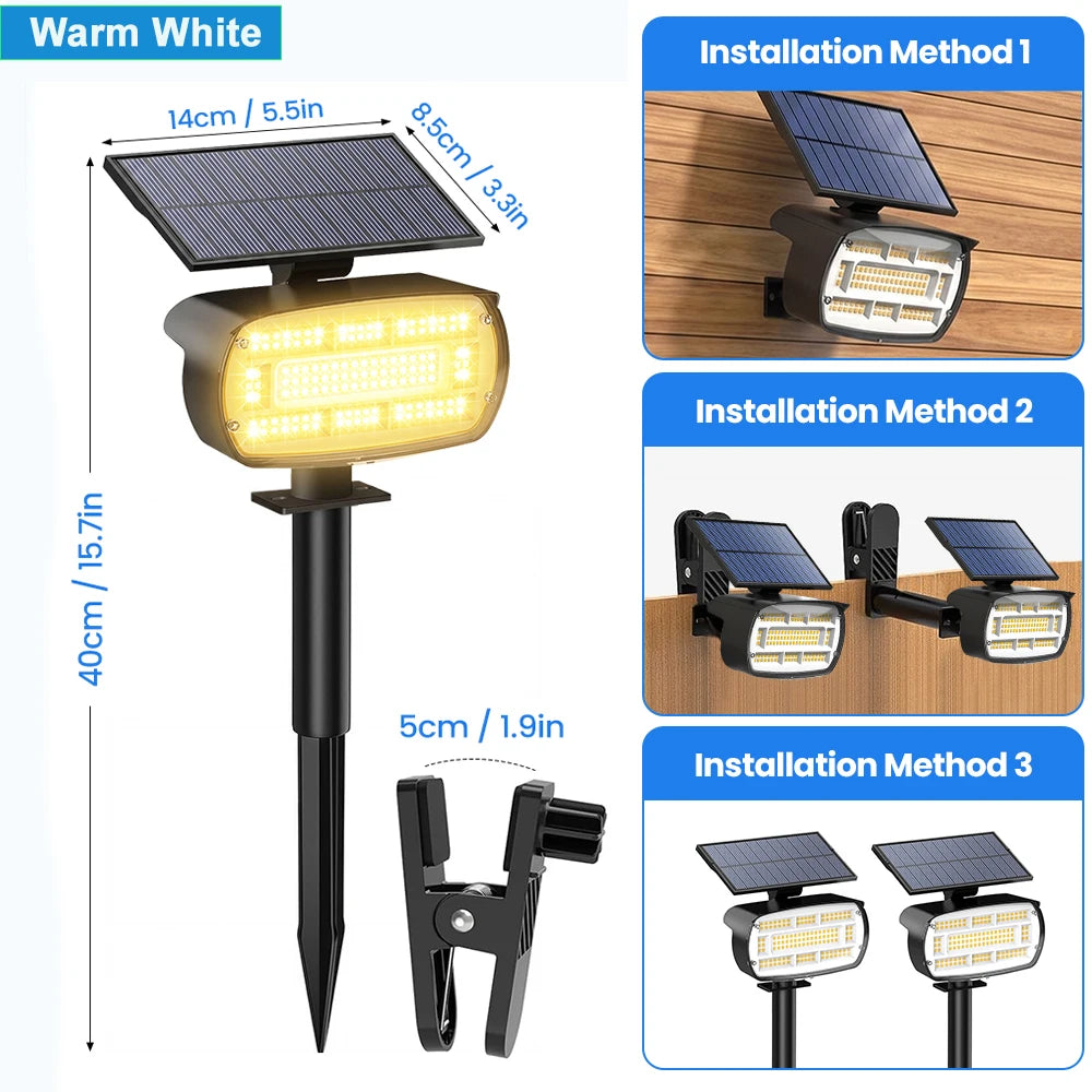 136LED Solar Spot Lights With Clip Outdoor IP65 Waterproof 3 Modes Solar Landscape Spotlights For Garden Yard Pathway Zpaxo 136LED-Warm Light 1PCS