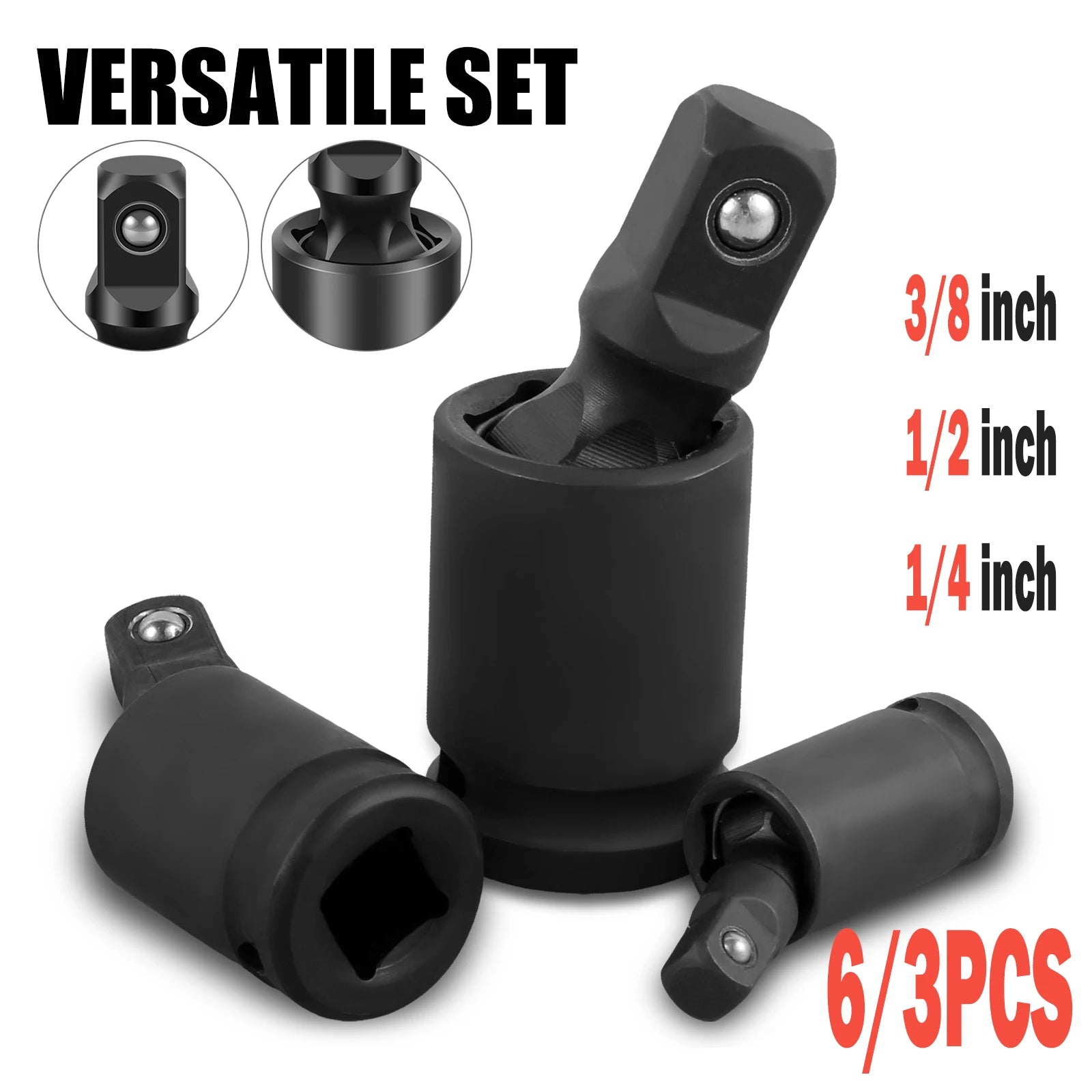6/3Pcs 360 Degree Impact Universal Joint Swivel Socket Set Electric Wrench Swivel Socket Adapter 3/8inch 1/2inch 1/4inch Tool Zpaxo