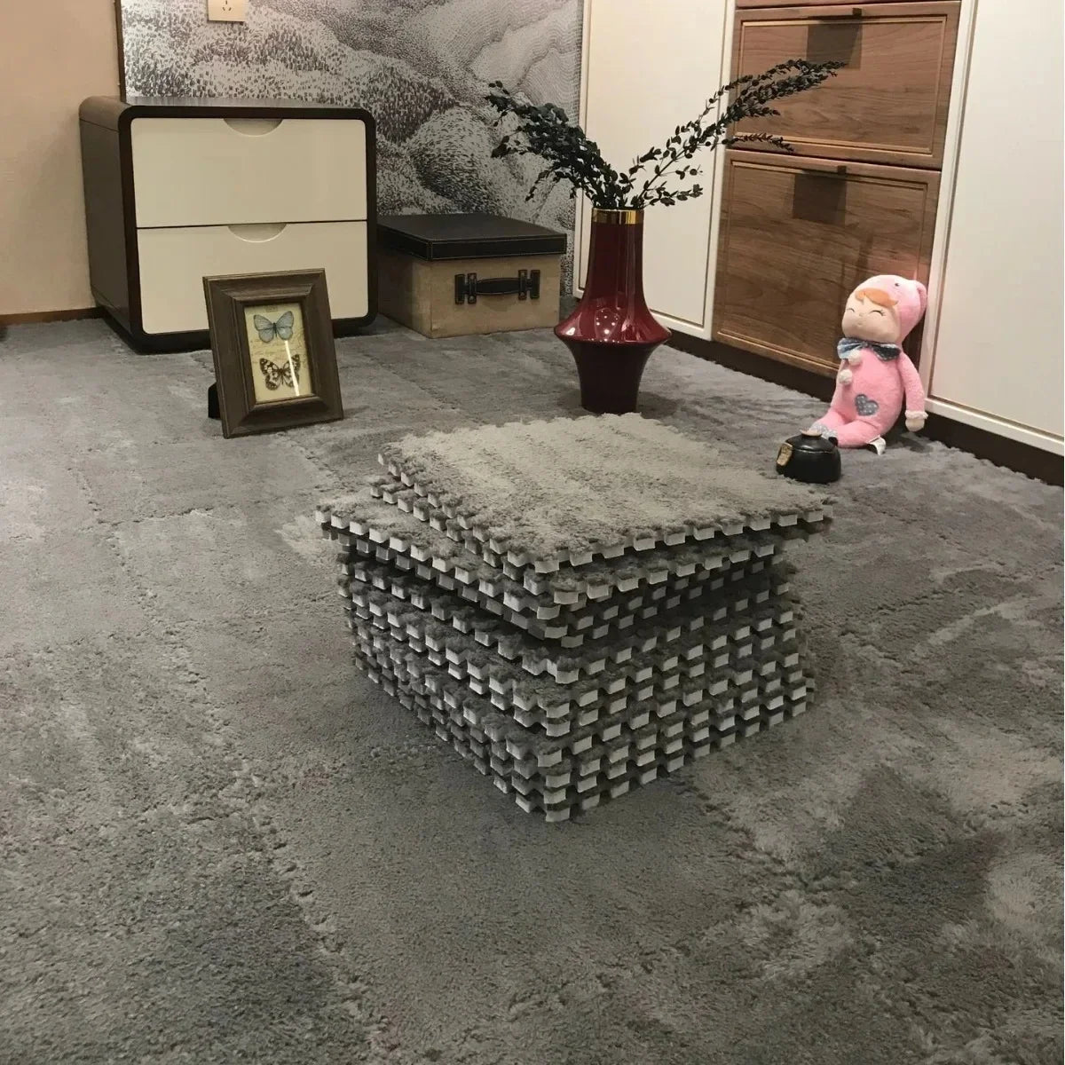 30 Plush Shaggy Interlocking Foam Carpet Tiles Kid Squares Protective Zpaxo Grey-8Pcs