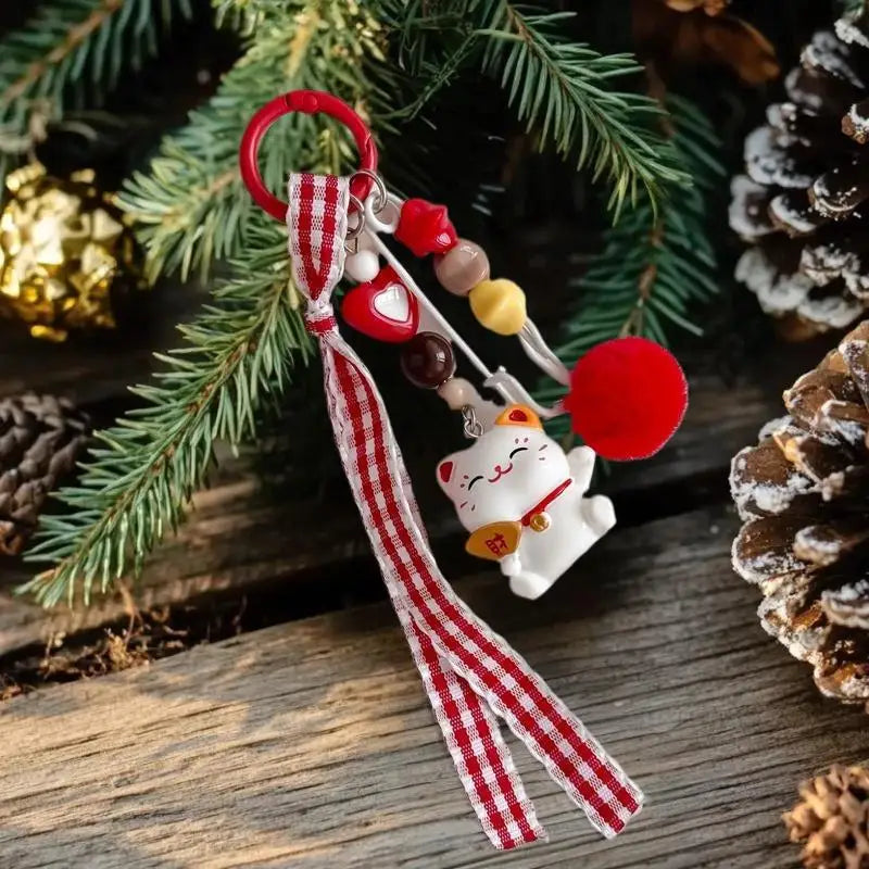 Cute Fun-loving Fortunate Cat Red Furry Ball Bag Charm Keychain Phone Zpaxo