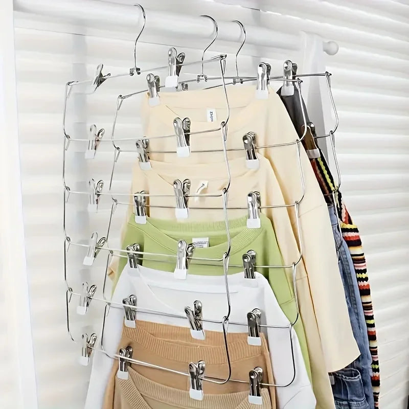 Space-Saving 6-Tier Metal Pants Hanger With Clips - Durable, Multi-Layer Storage For Skirts And Trousers, Black Zpaxo white