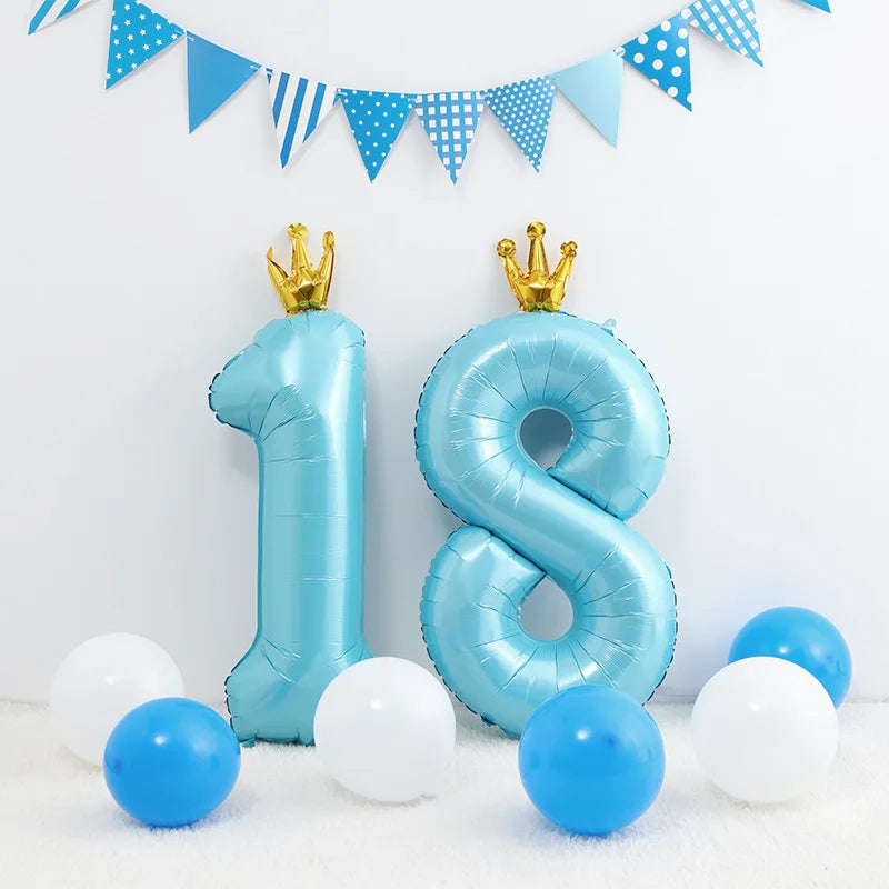 Pastel Baby Blue Pink Foil Number Balloon Crown 1 2 3 4 5 6 7 8 9