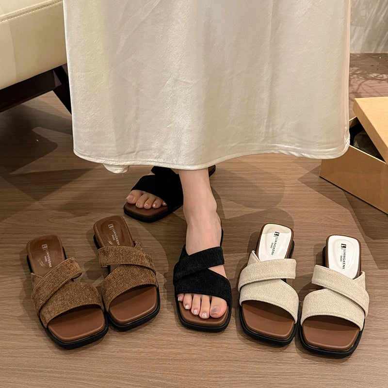 Women's Square Open Toe Comfortable Cross Band Casual Vintage Mid Zpaxo
