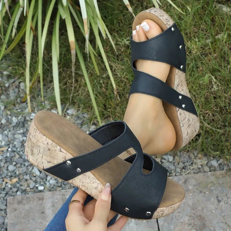 Women's Fish Mouth Ope Toe Comfortable Vintage Wedge Heel Slippers Zpaxo black 40