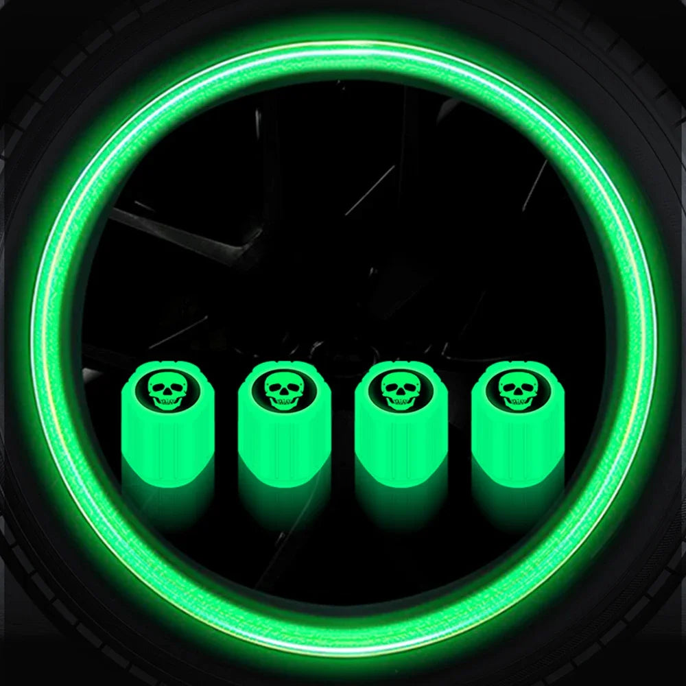 Luminous Skull Tire Valve Caps – Car, Motorcycle & Bike 4-Pack