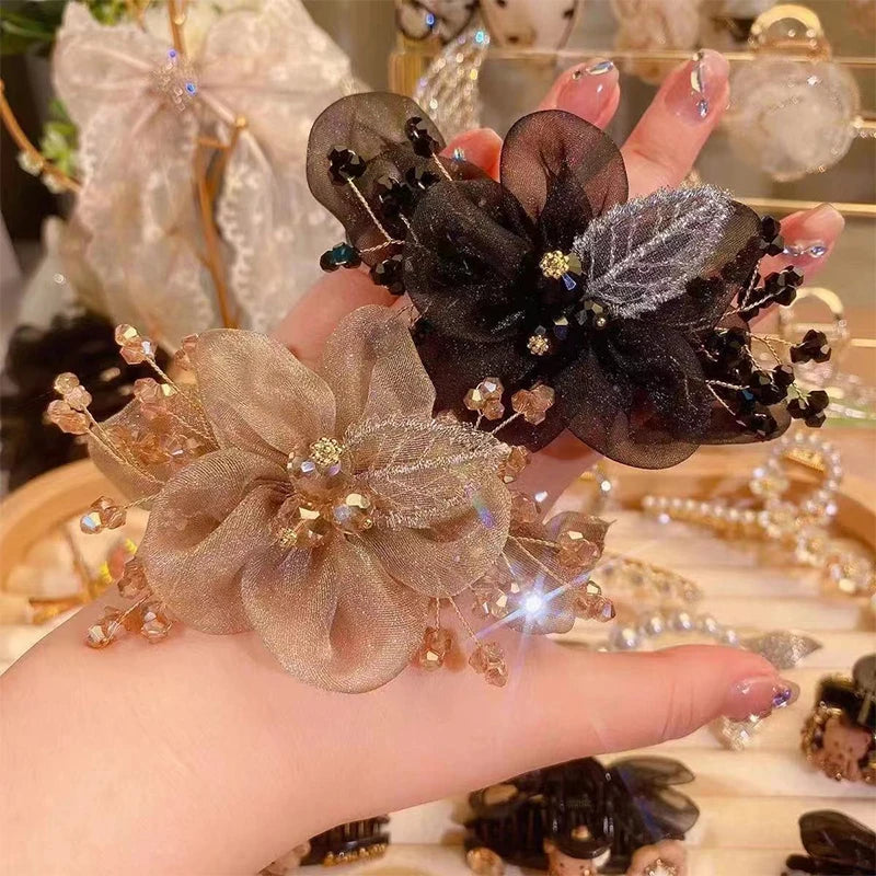 Rhinestone Flower Scrunchie – Elegant Ponytail Hair Tie Band