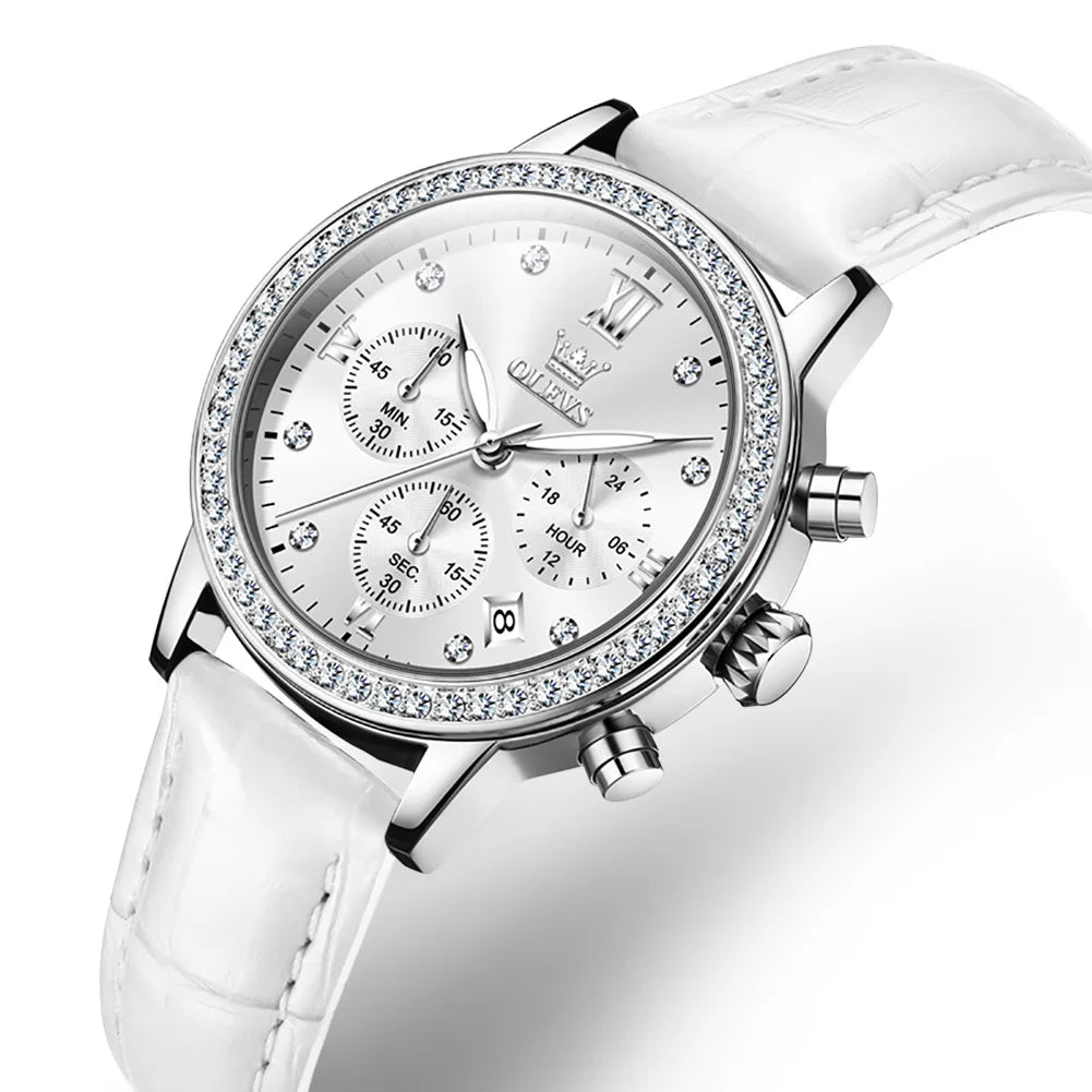 OLEVS Fashion Diamond Watches For Women Luxury Brand Rose Gold Case Ladies Quartz Watch White Leather Strap reloj para mujer Zpaxo White silver
