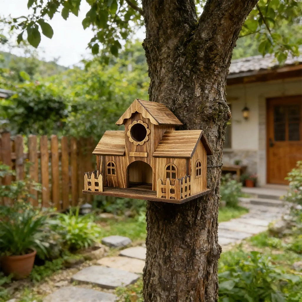 Birdhouses for Outdoors Wooden Natural Rustic Nest Chickadee Bird House for Nesting Feeding Breeding Garden Tree Balcony Deck Zpaxo
