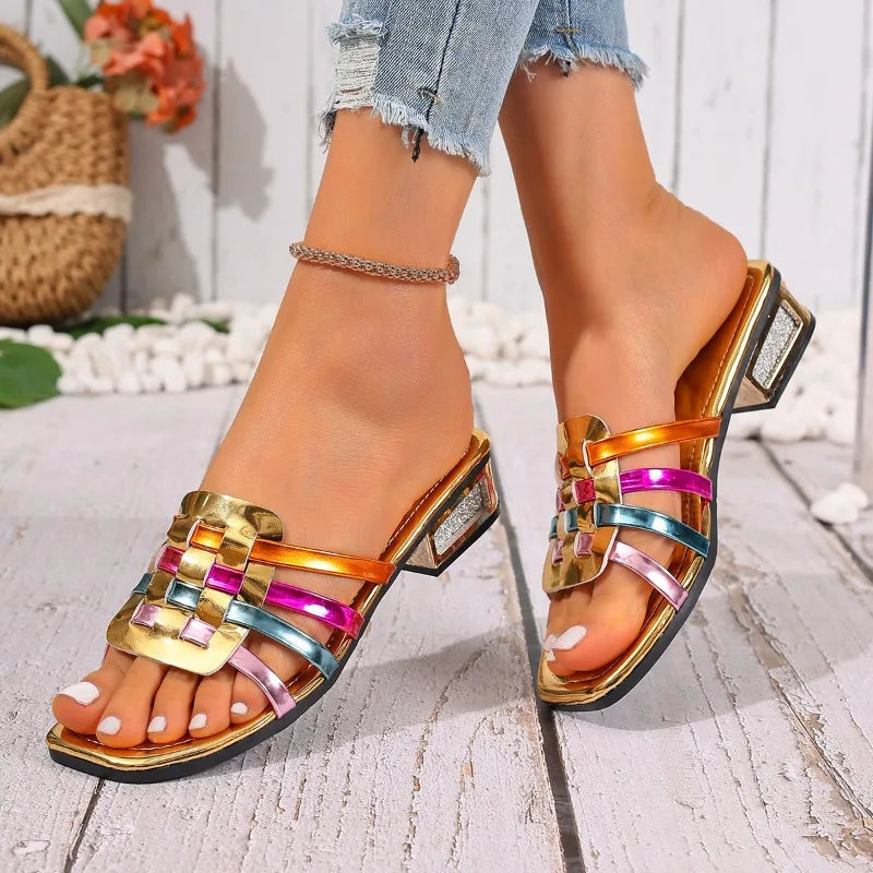 Women's Square Open Toe Hollow Out Breathable Comfortable Mid Heel Zpaxo