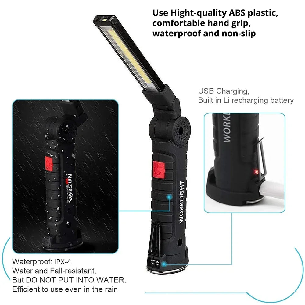 Rechargeable COB LED Work Light – 5 Modes, Magnet & Hook