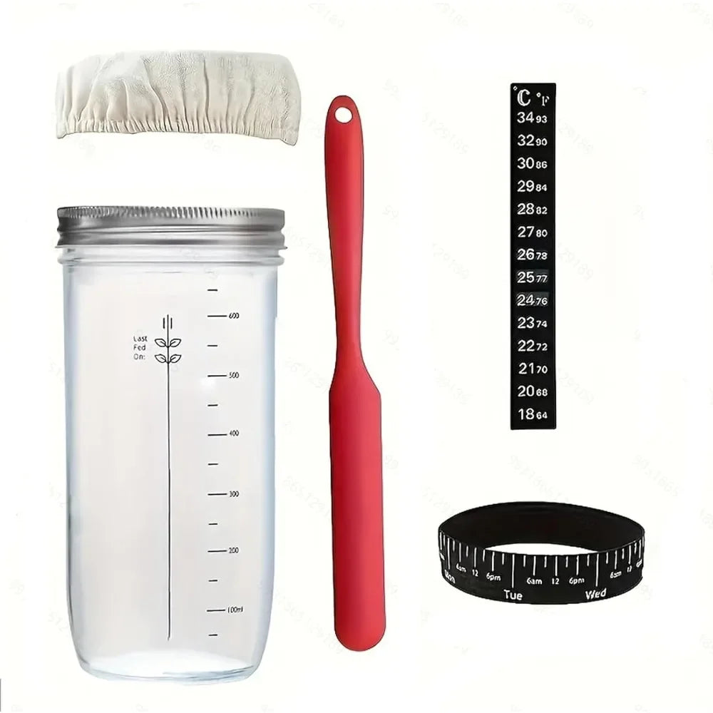 1pc Sour Dough Starter Container Sourdough Starter 24 Oz Jar with Date Marked Feeding Band Thermometer Silicone Scraper Zpaxo 1 Set