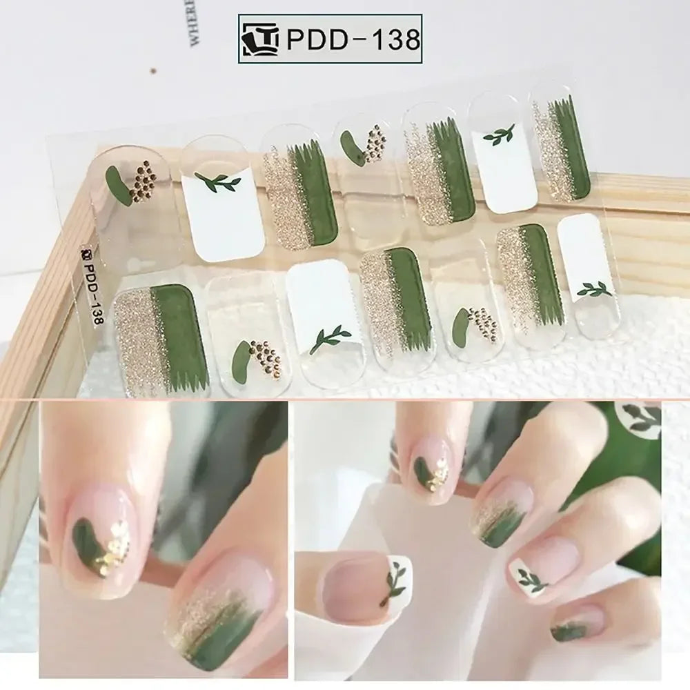 14Strips Gel Nail Stickers Full Cover Floristic Art Semi Cured Polish