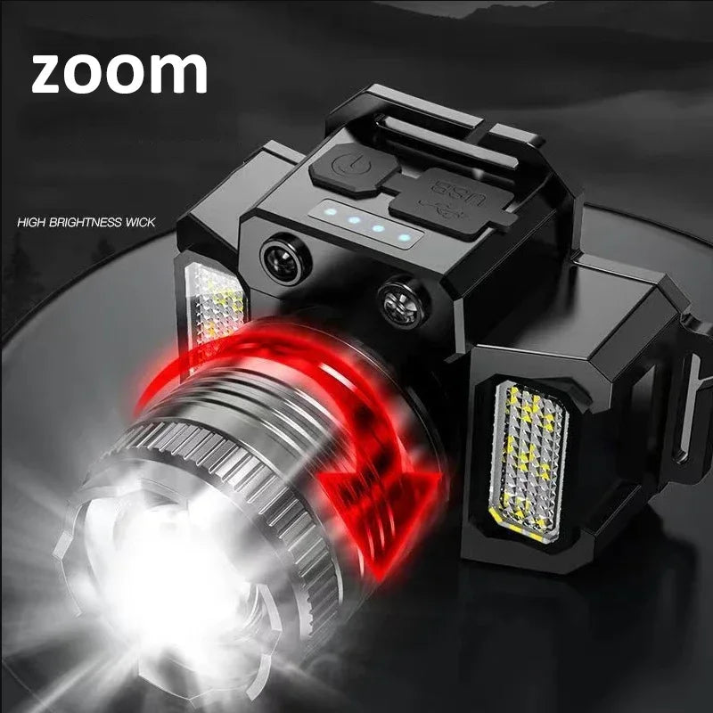 LED Induction Headlamp USB Rechargeable Zoomable Head Torch