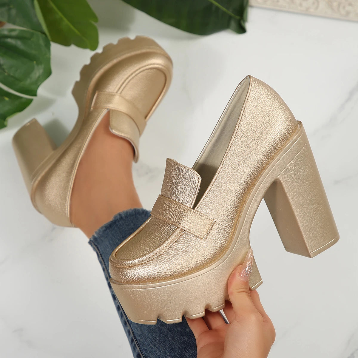 Retro Le Fu Shoes 2025 New Thick Soled High Heels Daily Luxury Women Solid Color Temperament Mary Jane with Follow-up Shoes Zpaxo Gold 37