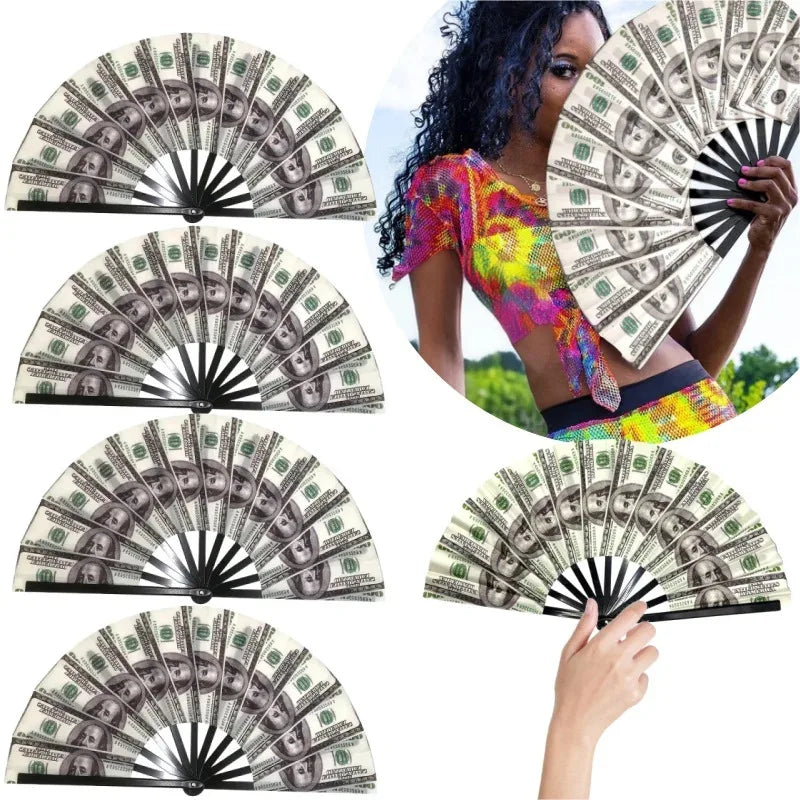 Large Folding Hand Tear Fan Dollar Pattern Music Festival Dance