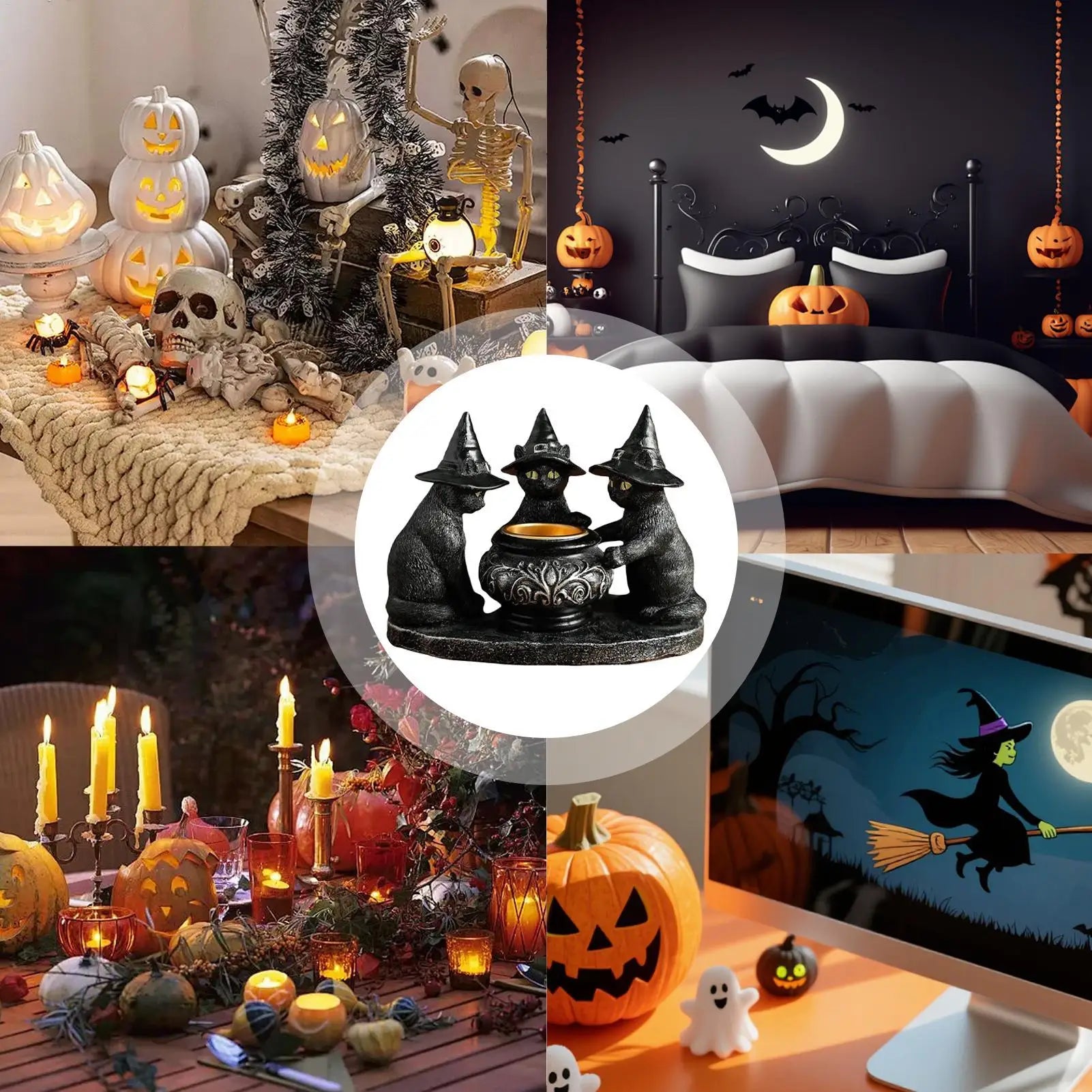 Halloween Black Cat Candlestick Resin Witch Statue Tealight Candle