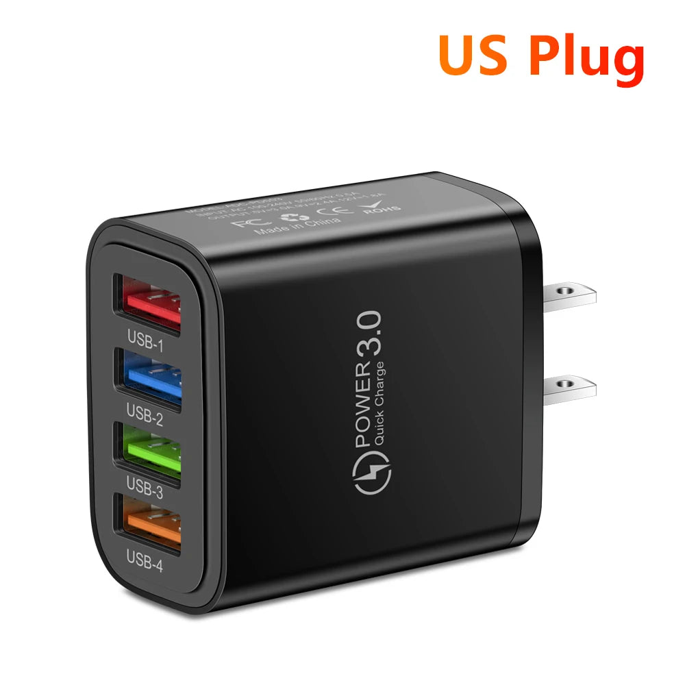 40W 4-Port USB Wall Charger QC 3.0 Fast Charging Adapter USB Wall Charger Zpaxo US Black