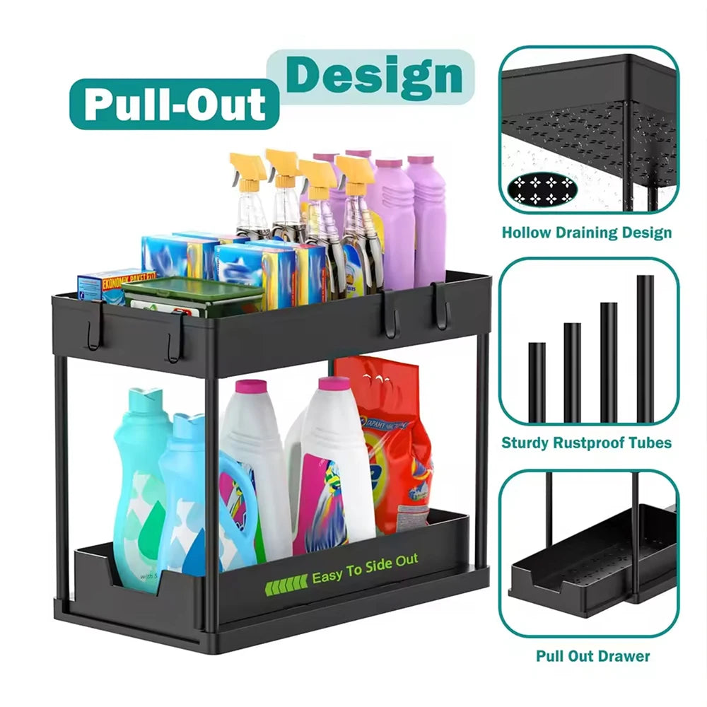 Under Sink Organizer Storage With Hooks 2-Tier Sliding Cabinet Basket Organizer Pull Out Sliding Drawer for Bathroom Kitchen Zpaxo