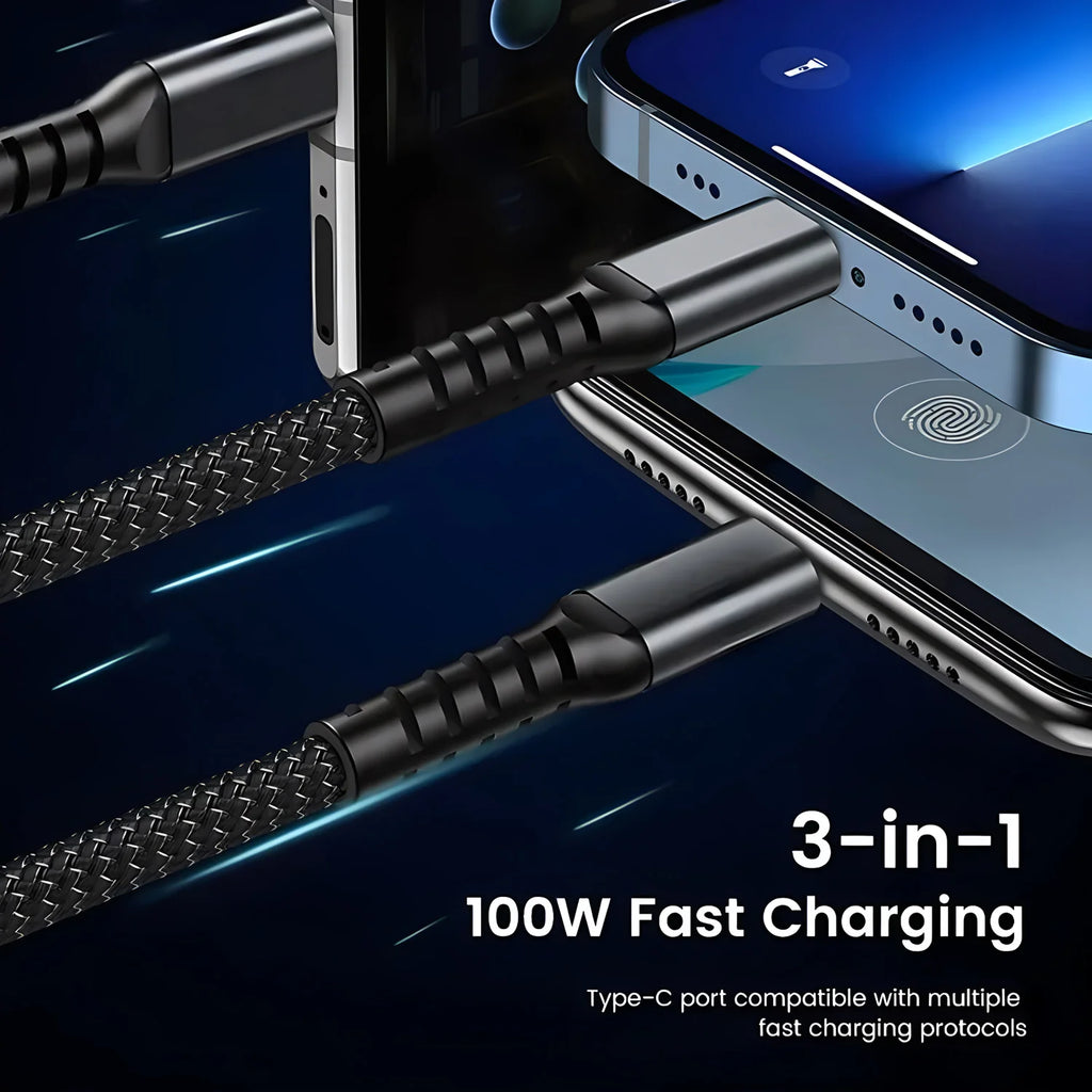 3-in-1 USB 100W 6A Fast Charger Cable Car Type-c Micro LIGHTNING
