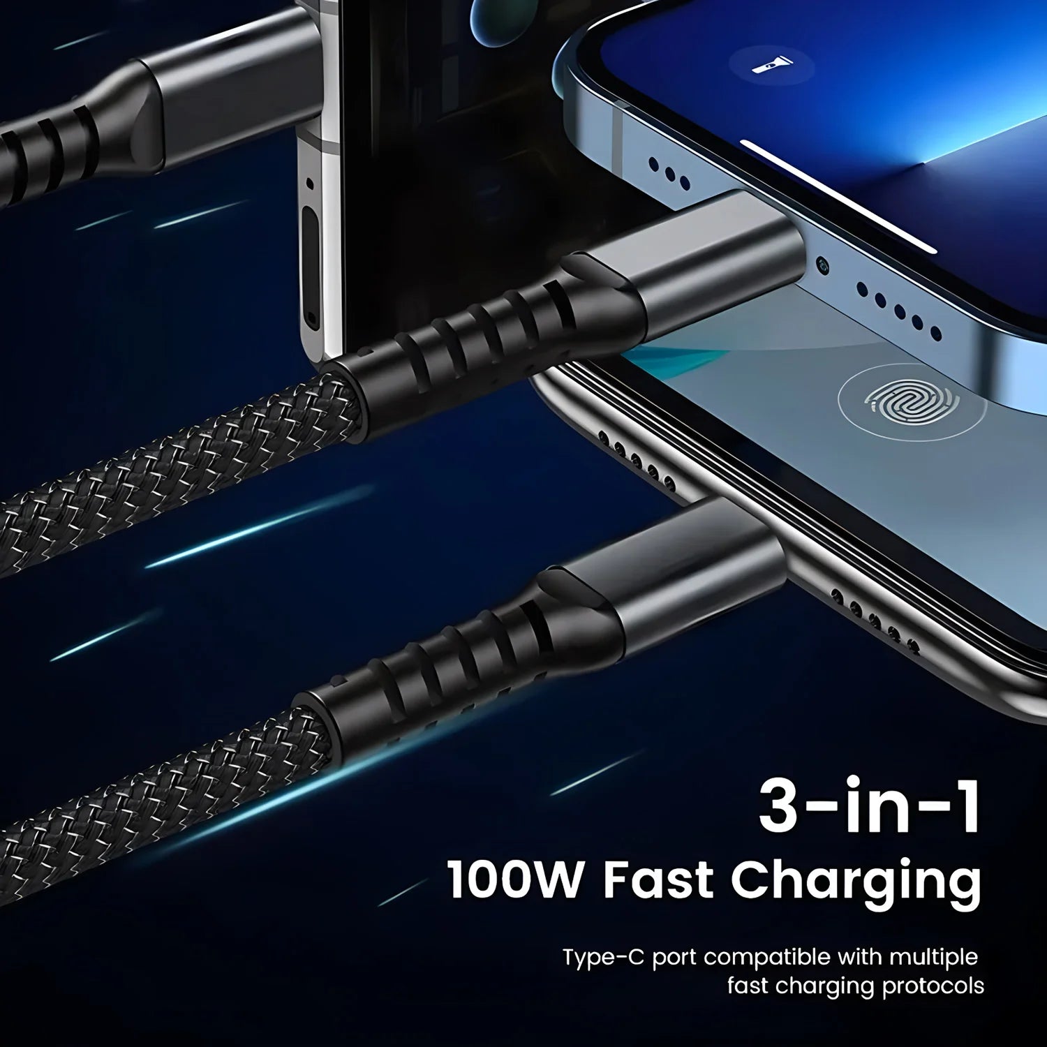 3-in-1 USB 100W 6A Fast Charger Cable Car Type-c Micro LIGHTNING