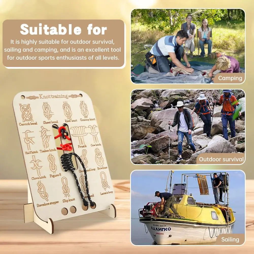 Wooden Knot Tying Practice Board – 16 Knots & 3 Paracords