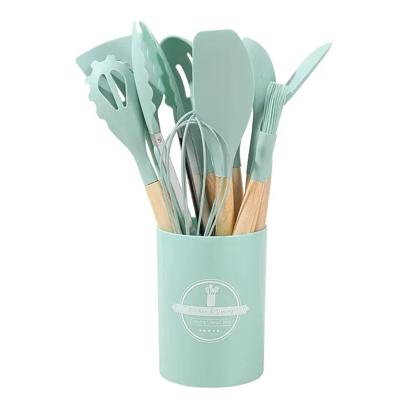 12PCS Silicone Kitchenware Non-Stick Cookware Kitchen Utensils Set Spatula Shovel Egg Beaters Wooden Handle Cooking Tool Set Zpaxo Light Green12Pcs