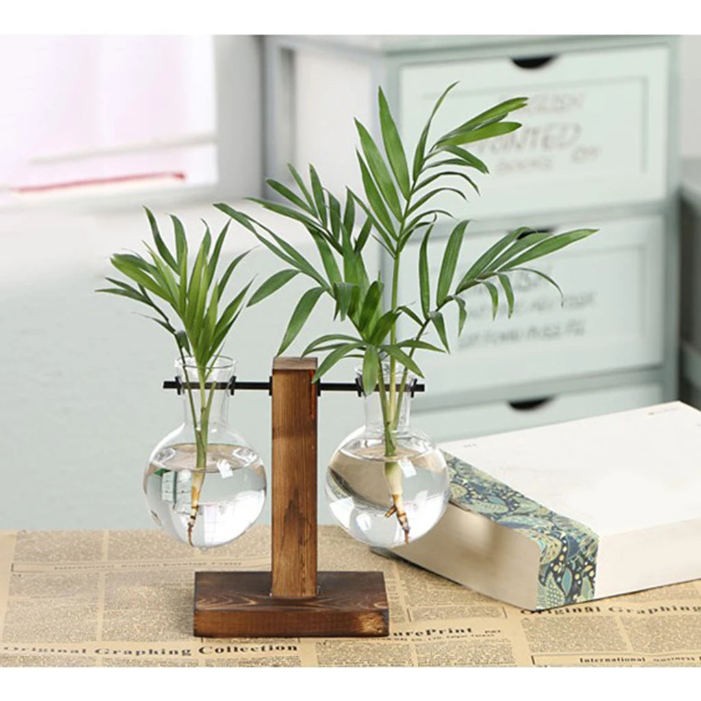 Glass Bulb Vase with Wooden Stand | Hydroponic Desktop Planter Hydroponic Glass Vase Zpaxo Style 4